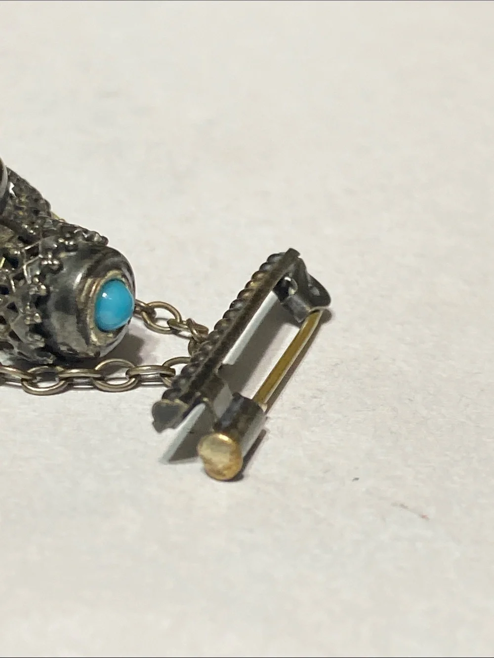PRETTY Vintage Limoges Silver tone floral Filigree Perfume Bottle bar Pin Brooch